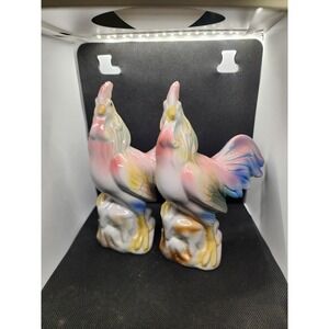 Set of 2 Vintage Porcelain Pastel Rooster Chicken Country Farm
